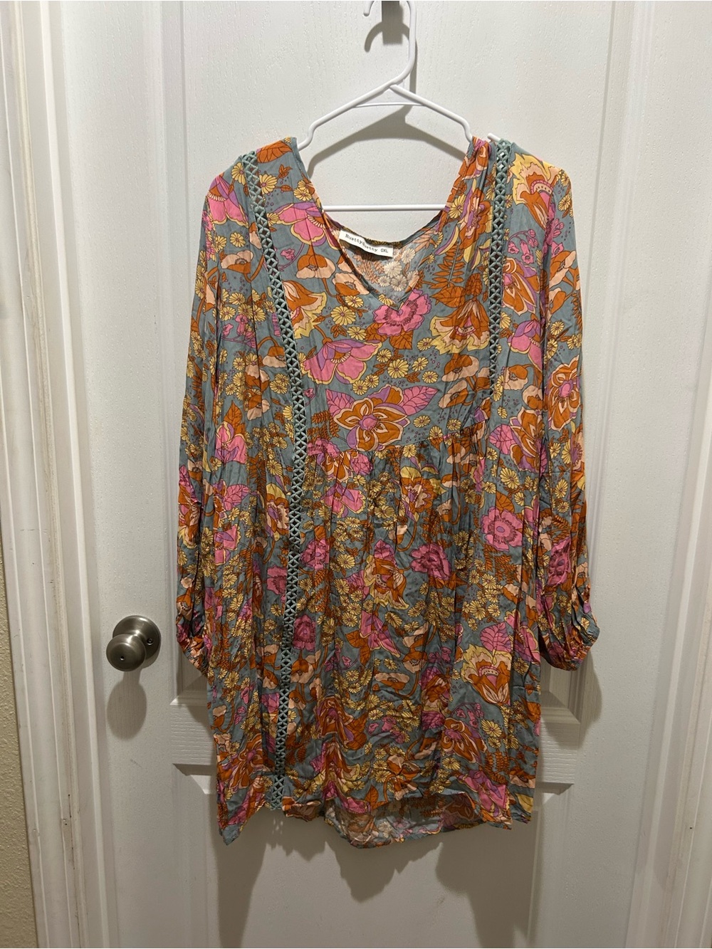RusttyDustty Floral V-Neck Boho Tunic Dress in Blue, Pink & Orange 0XL